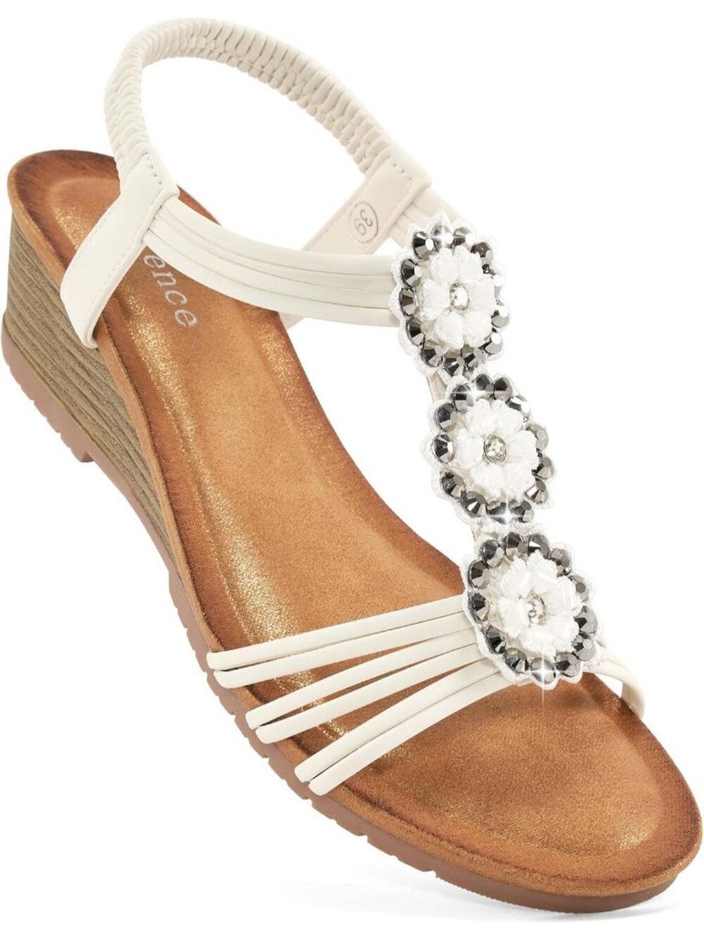 Women's White Floral Rhinestone Elastic Slingback Low Wedge Heel Sandals Shoes